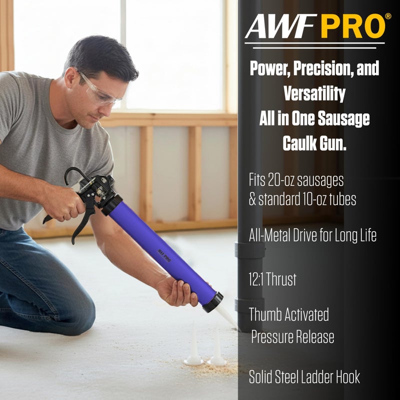 AWF PRO Sausage Caulking Gun, 20 oz Foil Pack and 10 oz Cartridge Convertible, 12:1 Thrust Ratio, Aluminum Barrel, Includes 3 Tips - Image 2